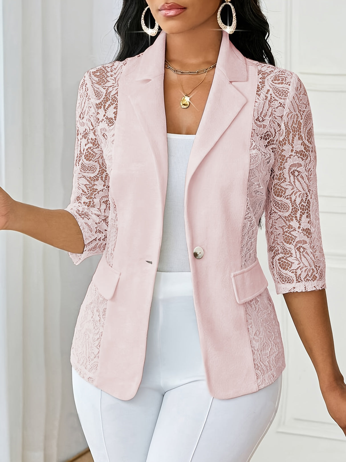 PatchworkÉlan™ – Lace Patchwork Blazer (European Style, Pocket Flaps, Button Front)