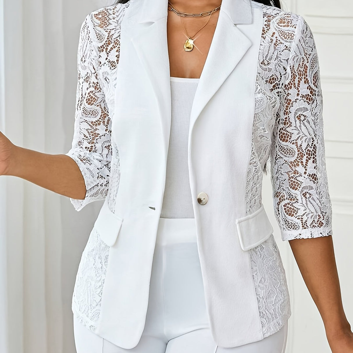 PatchworkÉlan™ – Lace Patchwork Blazer (European Style, Pocket Flaps, Button Front)