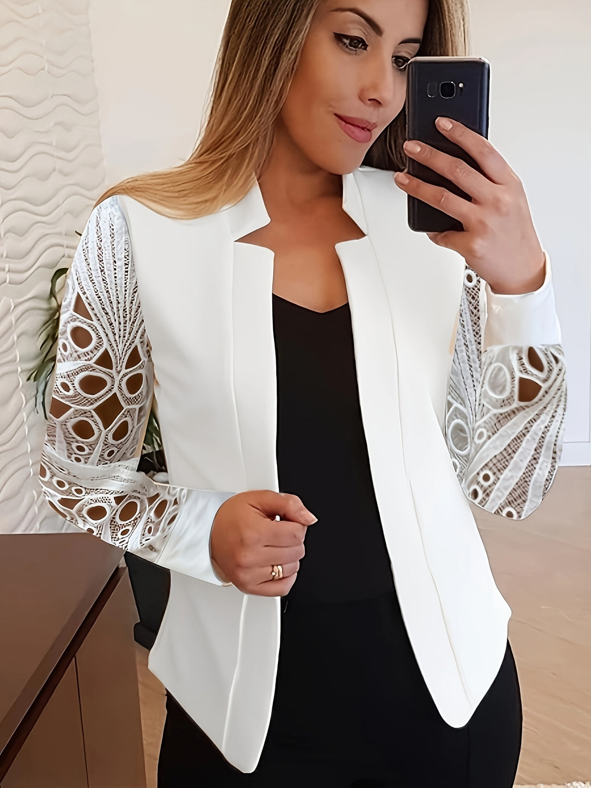 LaceLuxe™ – Contrast Lace Blazer (Durable Fabric, Feminine Touch, Easy Care)