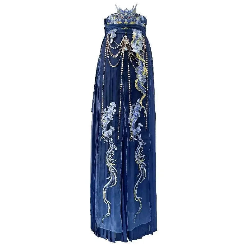 Blue embroidered Hanfu dress with floral details and pearl embellishments, perfect for Halloween parties.