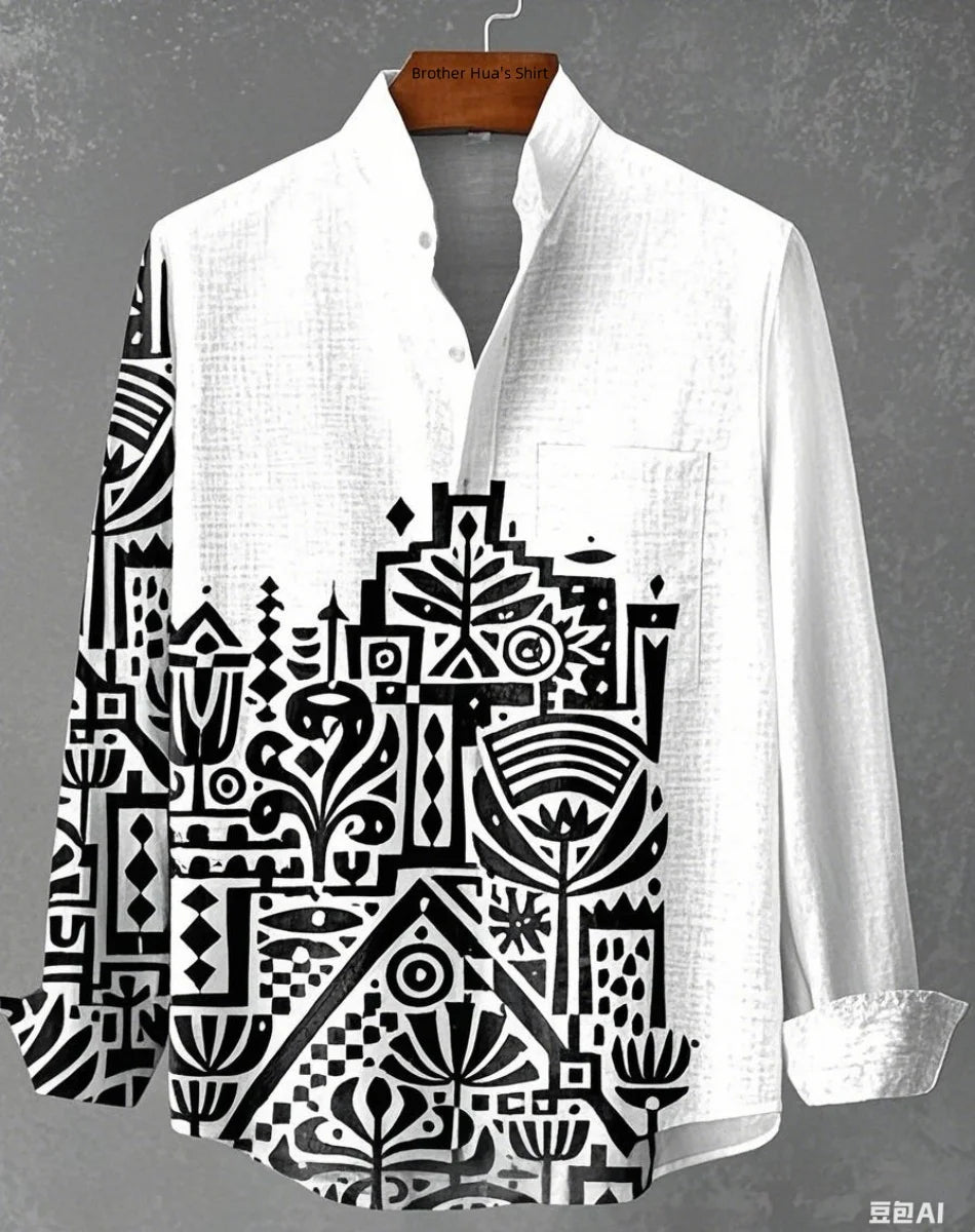 Men Linen Stand Collar Long Sleeve Shirt