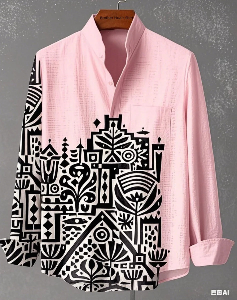 Men Linen Stand Collar Long Sleeve Shirt