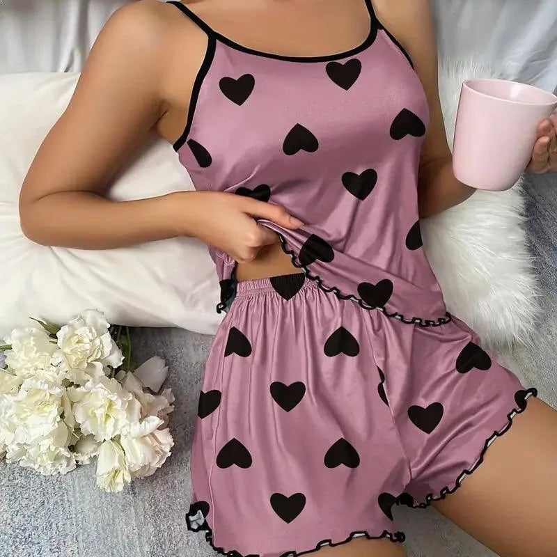Women Heart Print Ice Silk Pajama Set
