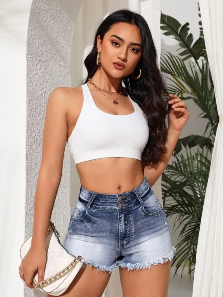 Women Ripped Tassel Denim Shorts