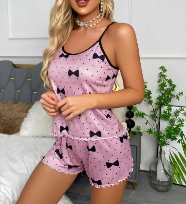 Women Heart Print Ice Silk Pajama Set