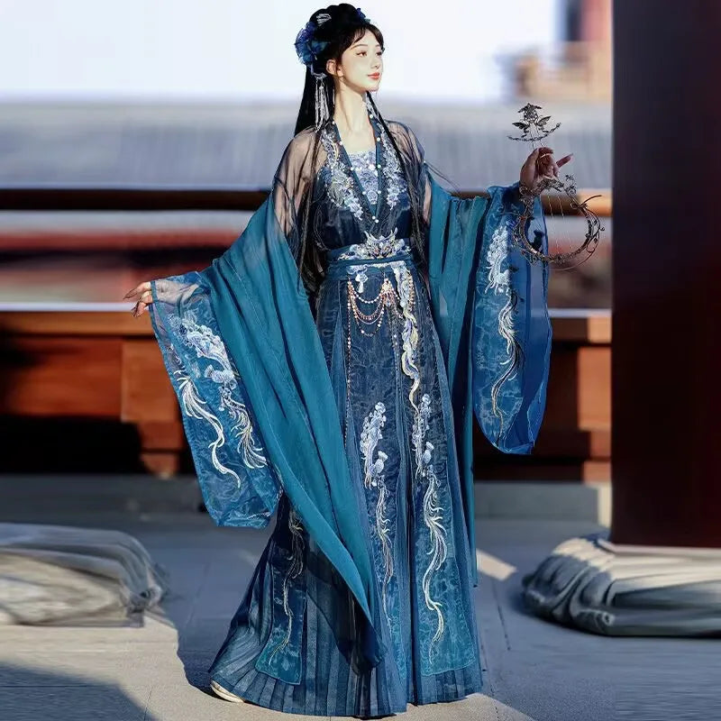 Blue embroidered Hanfu dress for women, perfect for Halloween parties or cultural events, featuring elegant flowing sleeves.