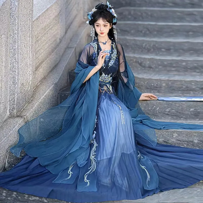 Blue embroidered Hanfu dress for women, perfect for Halloween parties, showcasing elegant design and intricate details.