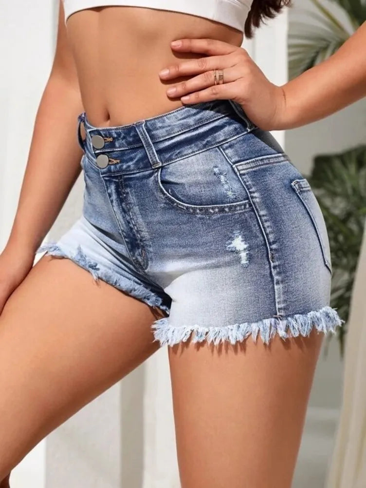 Women Ripped Tassel Denim Shorts
