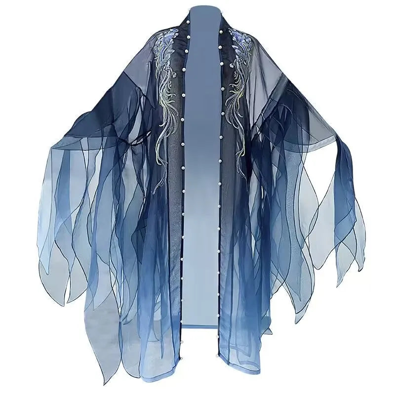 Elegant blue embroidered Hanfu dress featuring flowing sleeves, perfect for Halloween parties and themed events.