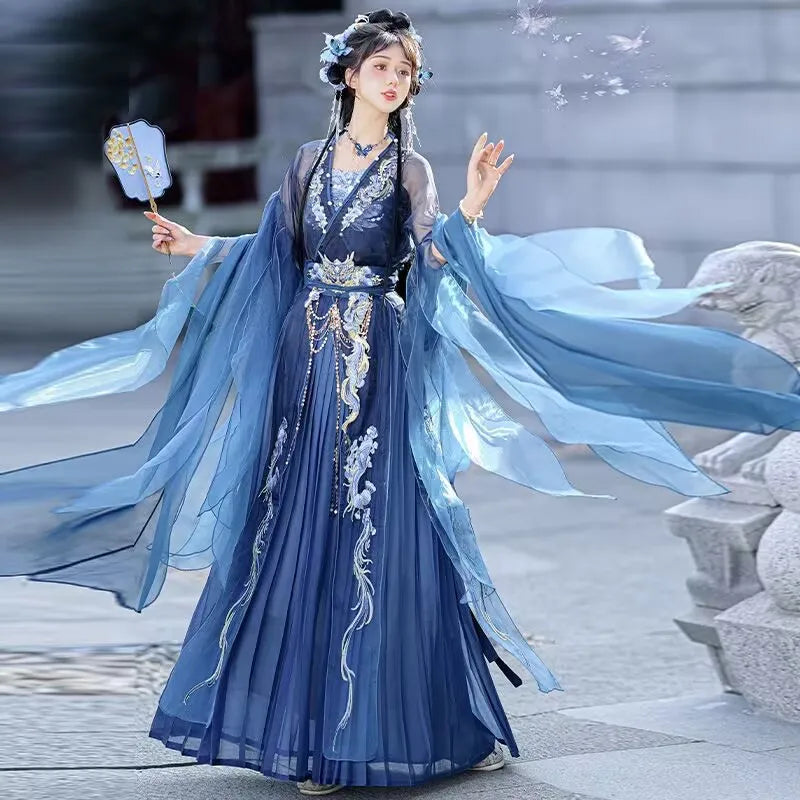 Blue embroidered Hanfu dress for women, perfect for Halloween parties and traditional events, featuring flowing sleeves and elegant design.