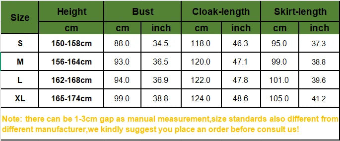 Size chart for Blue Embroidered Hanfu Halloween Party Dress showing height, bust, cloak, and skirt lengths.