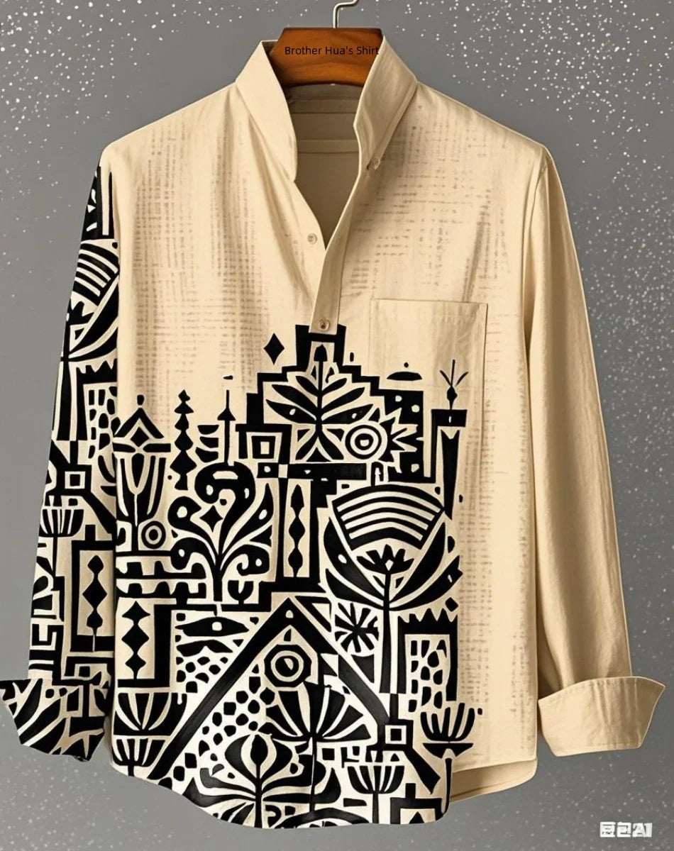 Men Linen Stand Collar Long Sleeve Shirt