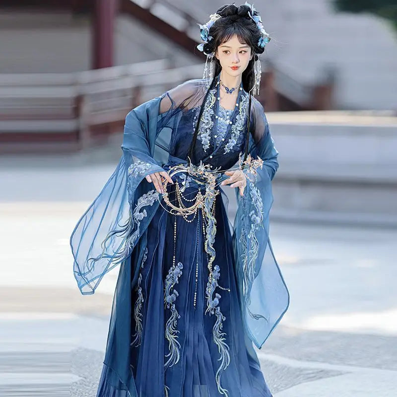 Elegant blue embroidered Hanfu dress for women, ideal for Halloween parties, featuring detailed embroidery and flowing sleeves.