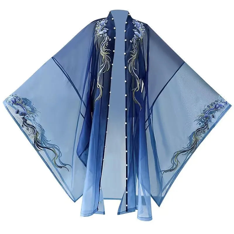 Blue embroidered Hanfu dress featuring sheer fabric and intricate floral designs, perfect for Halloween parties.