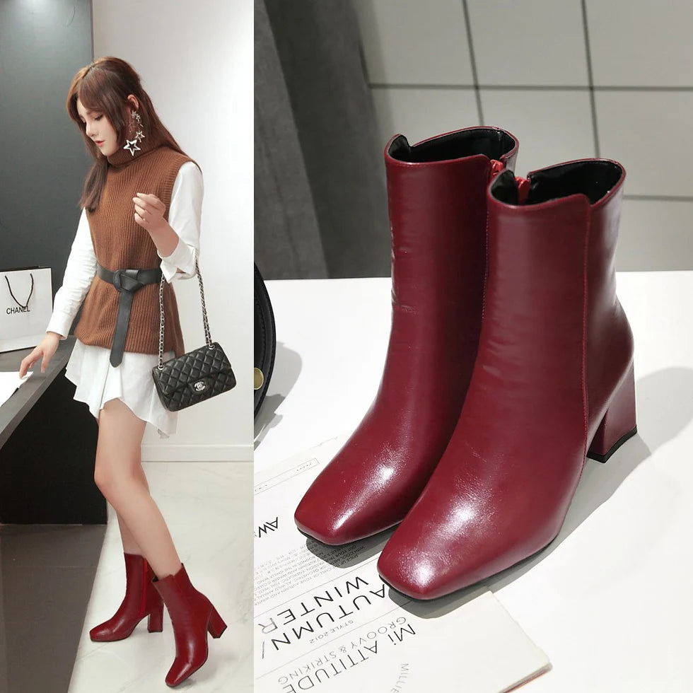 Women Side Zipper Mid-Heel Ankle Boots – Winter Casual Shoes