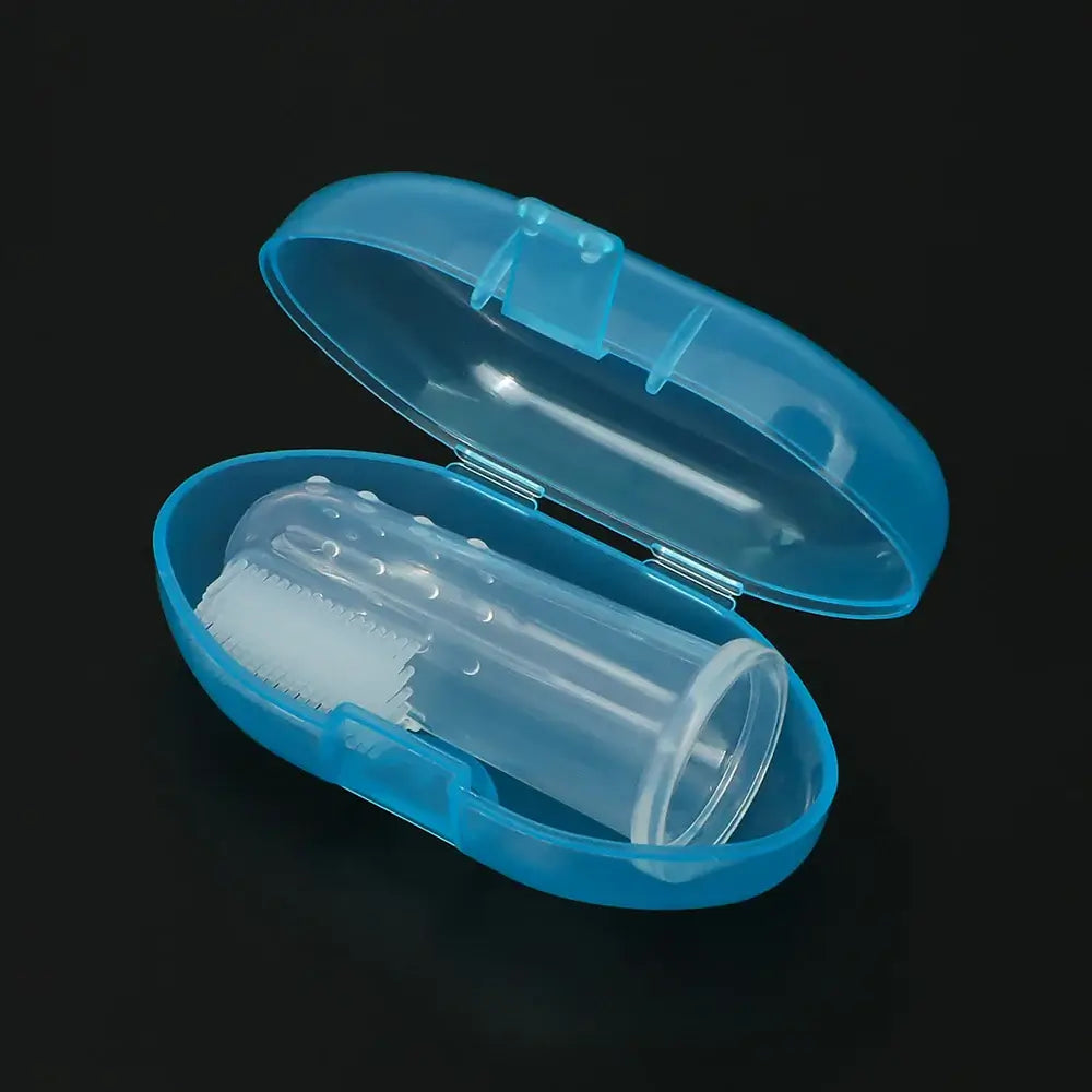 Blue plastic case with a soft silicone toothbrush for babies, ideal for early dental care.