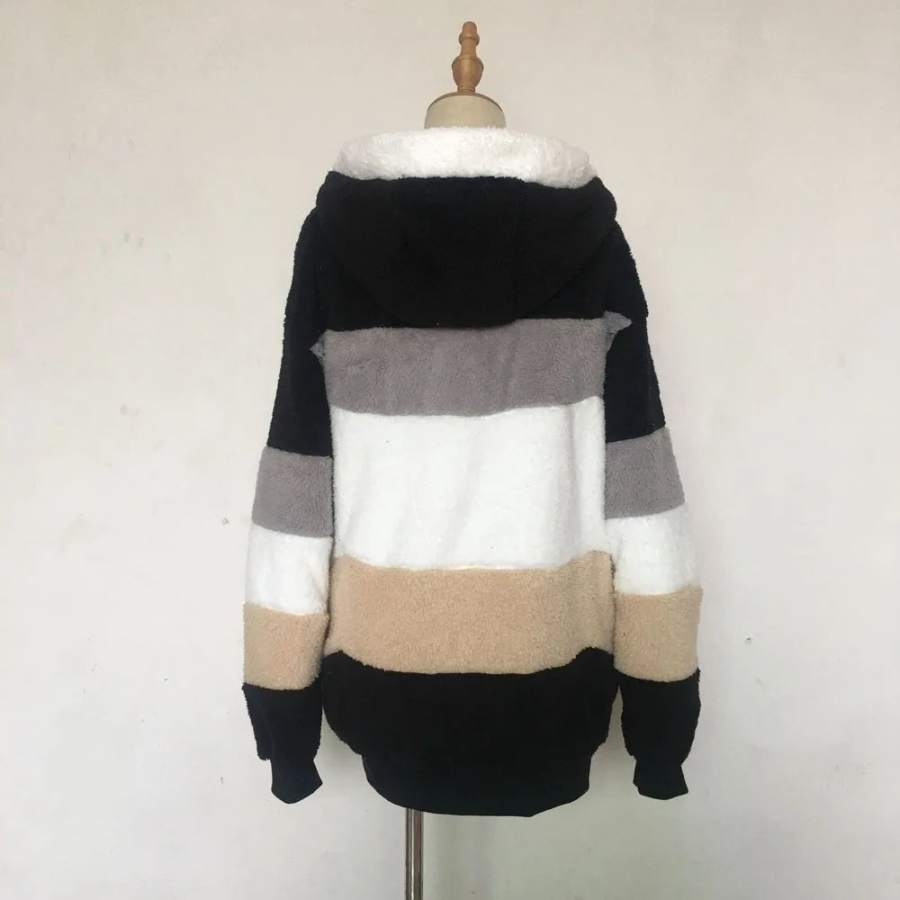 Warm Plush Patchwork Hooded Winter Coat