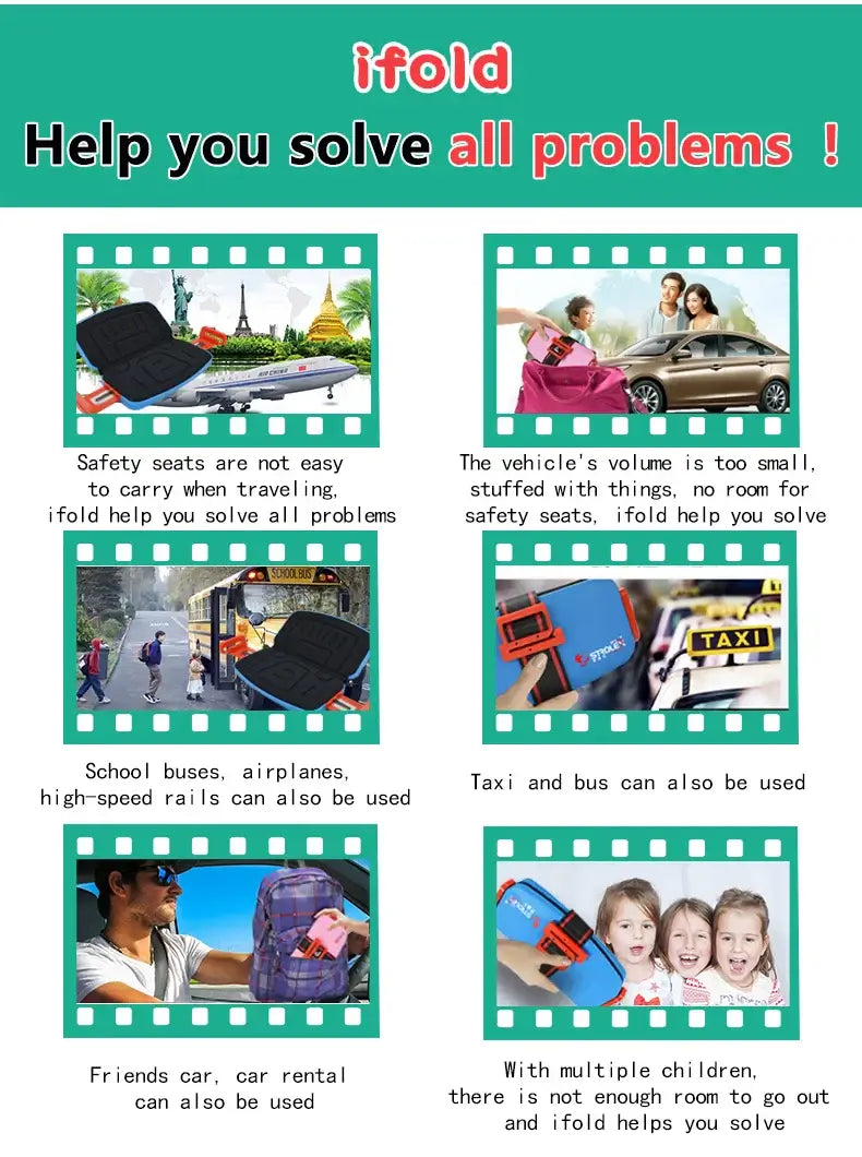 Infographic showcasing the iFold Portable Baby Car Seat features and versatility for safety in various vehicles.