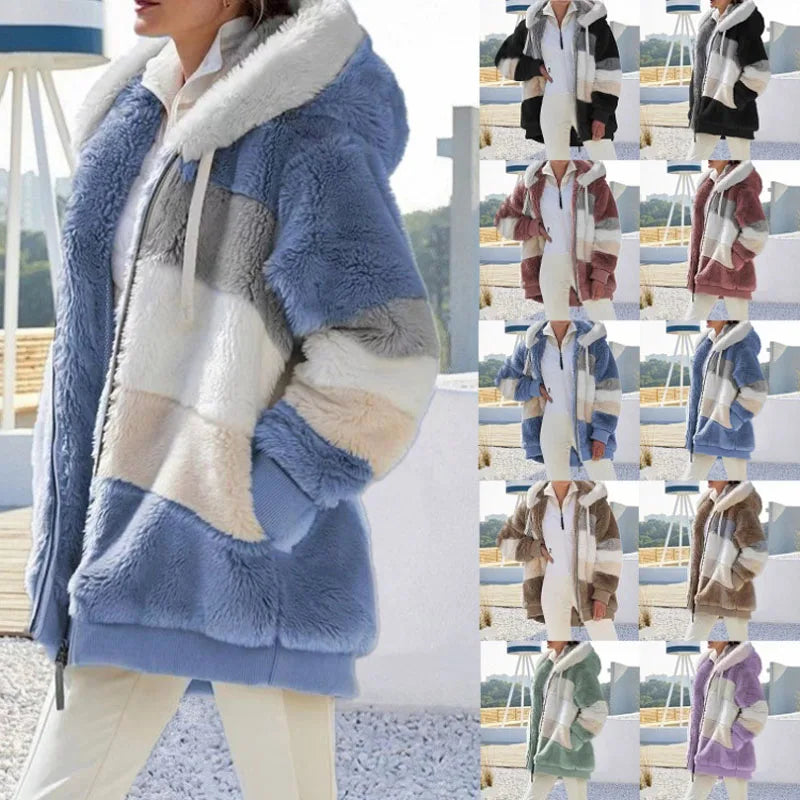 Warm Plush Patchwork Hooded Winter Coat