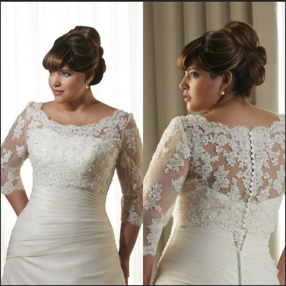 Elegant crystal lace wedding bolero featuring 3/4 sleeves, detailed appliqué design, ideal for bridal ensembles.