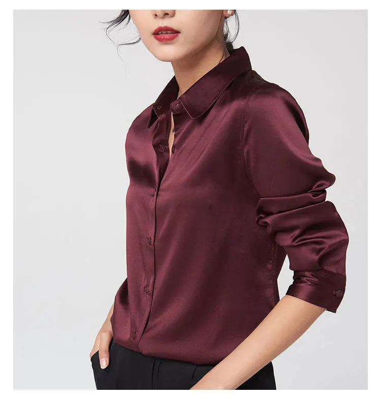 Long sleeve burgundy silk shirt for women, featuring a v-neck and single breasted closure, made from 95% Mulberry silk.