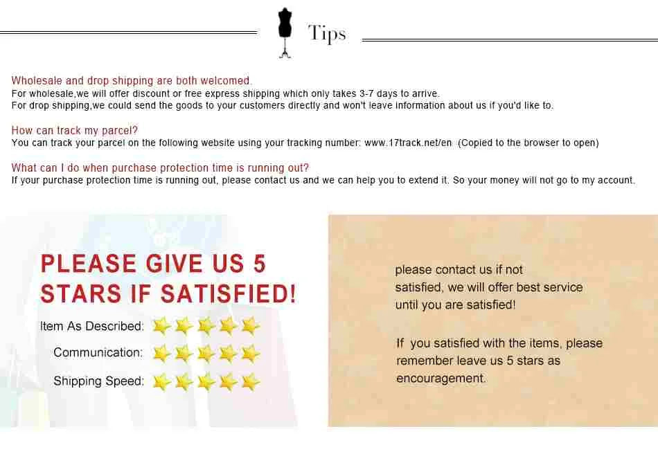 Informative tips on drop shipping, tracking parcels, and customer satisfaction ratings with 5-star prompt.