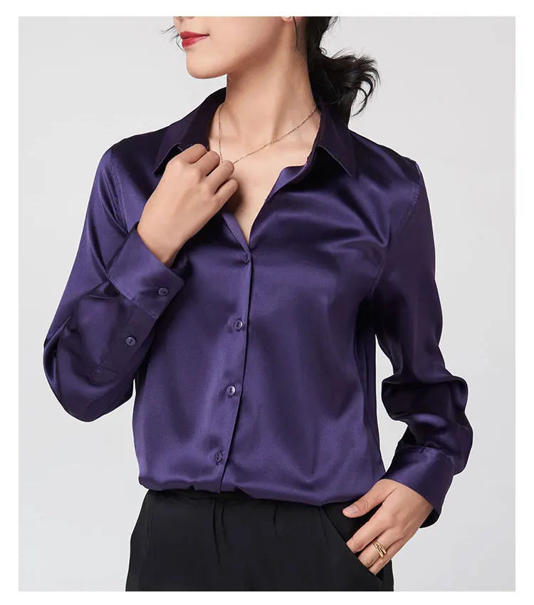 Elegant long sleeve silk shirt for women in purple, featuring a V-neck and single-breasted closure.