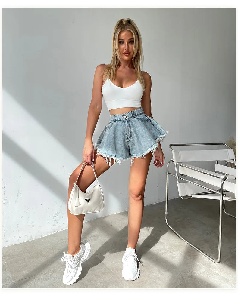 Women High Waist Loose Tassel Denim Shorts