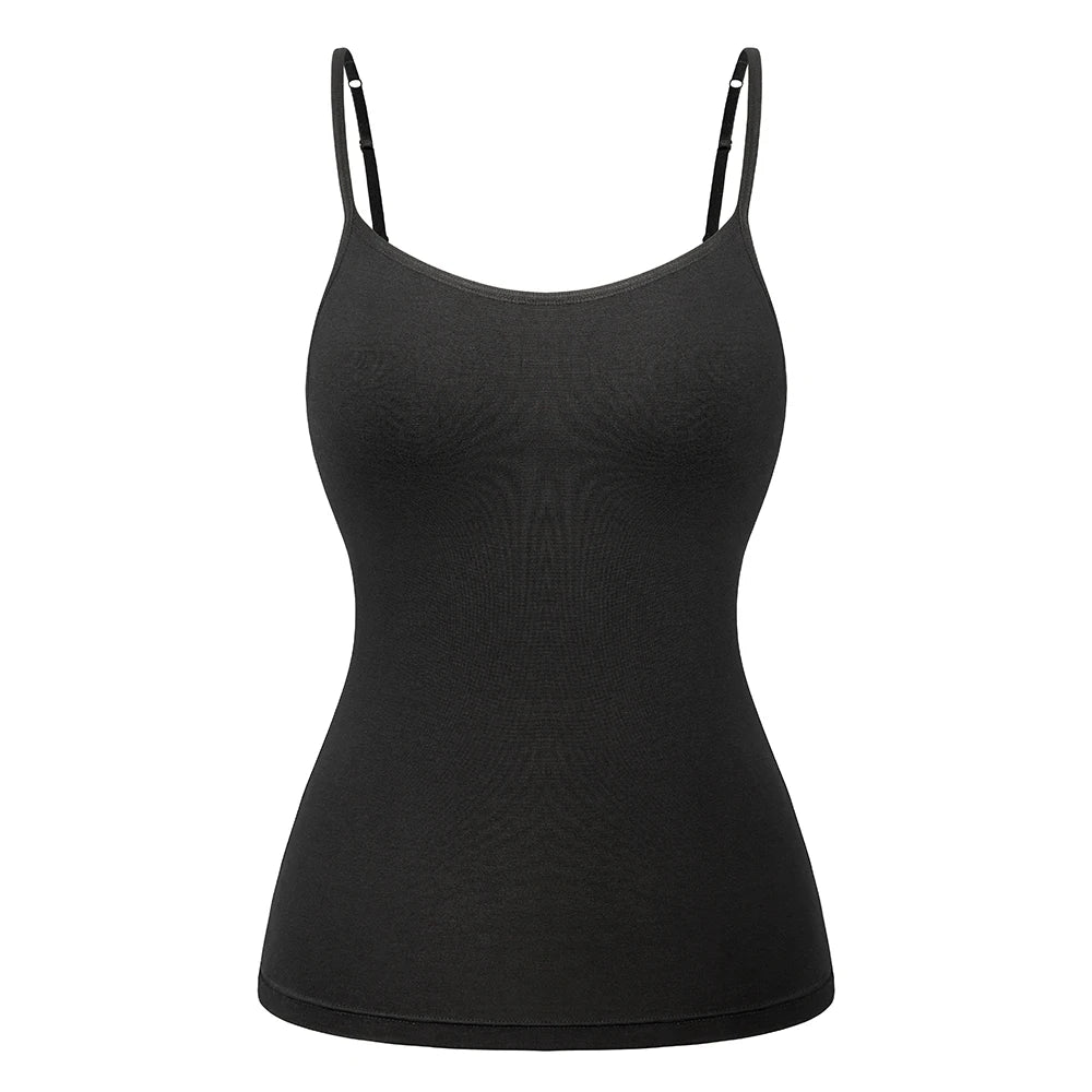 ShapeEase™ built-in shelf bra camisole in black, adjustable straps, soft and breathable fabric for comfort.