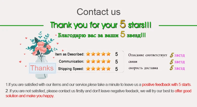 A colorful graphic thanking customers for positive reviews with flowers and a rating summary.