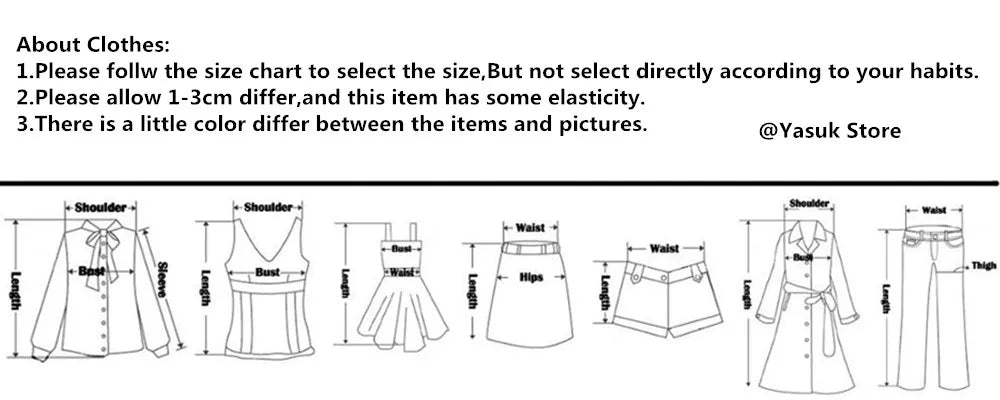 Size chart for clothing with measurements and fitting guidance from Yasuk Store.