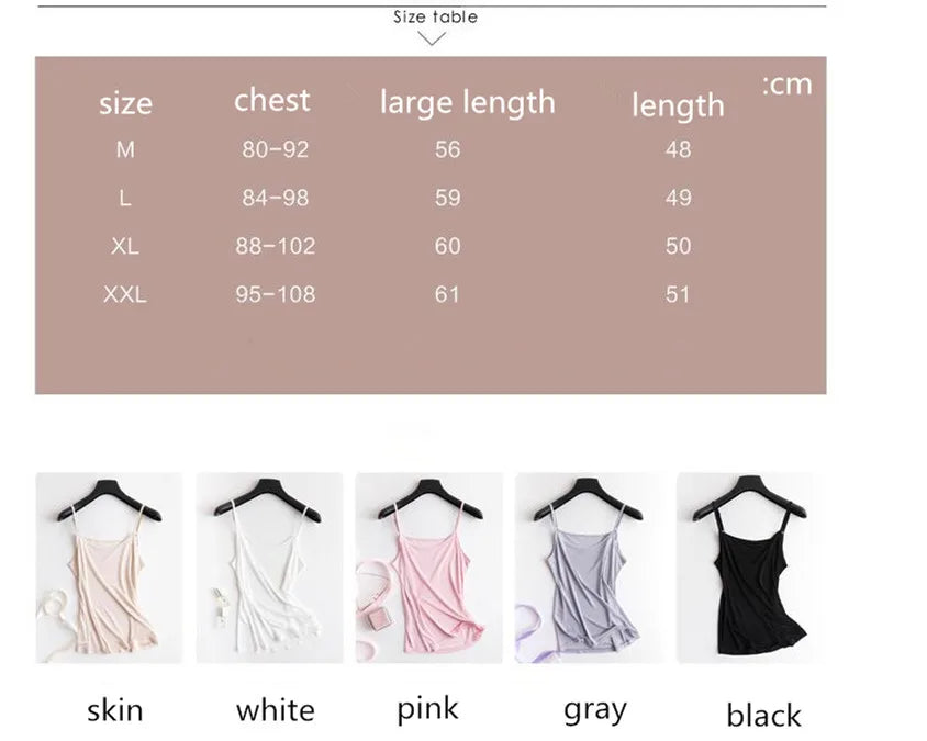 Size chart for HalterSilk™ U-Neck Mulberry Silk Cami available in skin, white, pink, gray, and black.