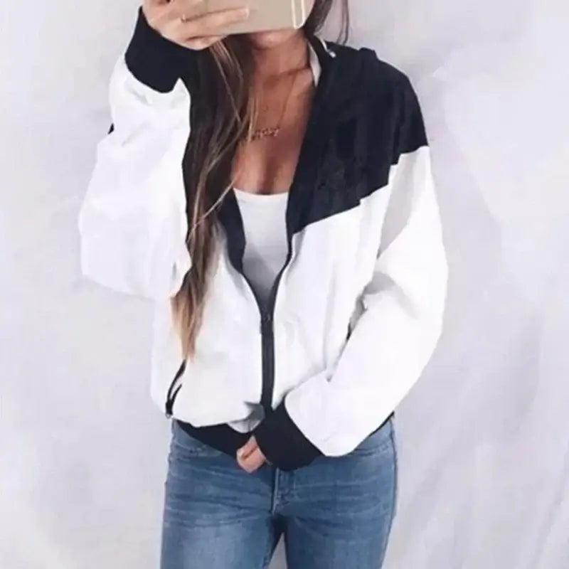 Women Plus Size Patchwork Hooded Sport Jacket