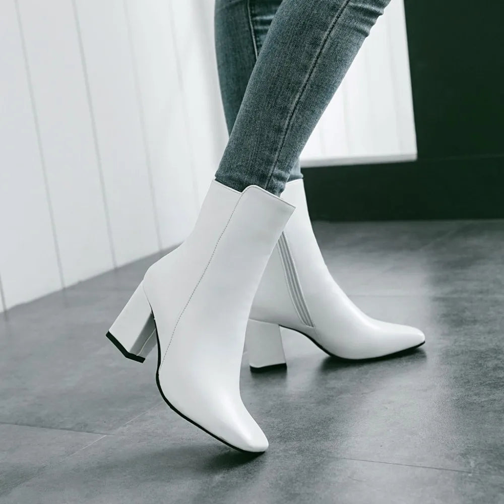 Women Side Zipper Mid-Heel Ankle Boots – Winter Casual Shoes
