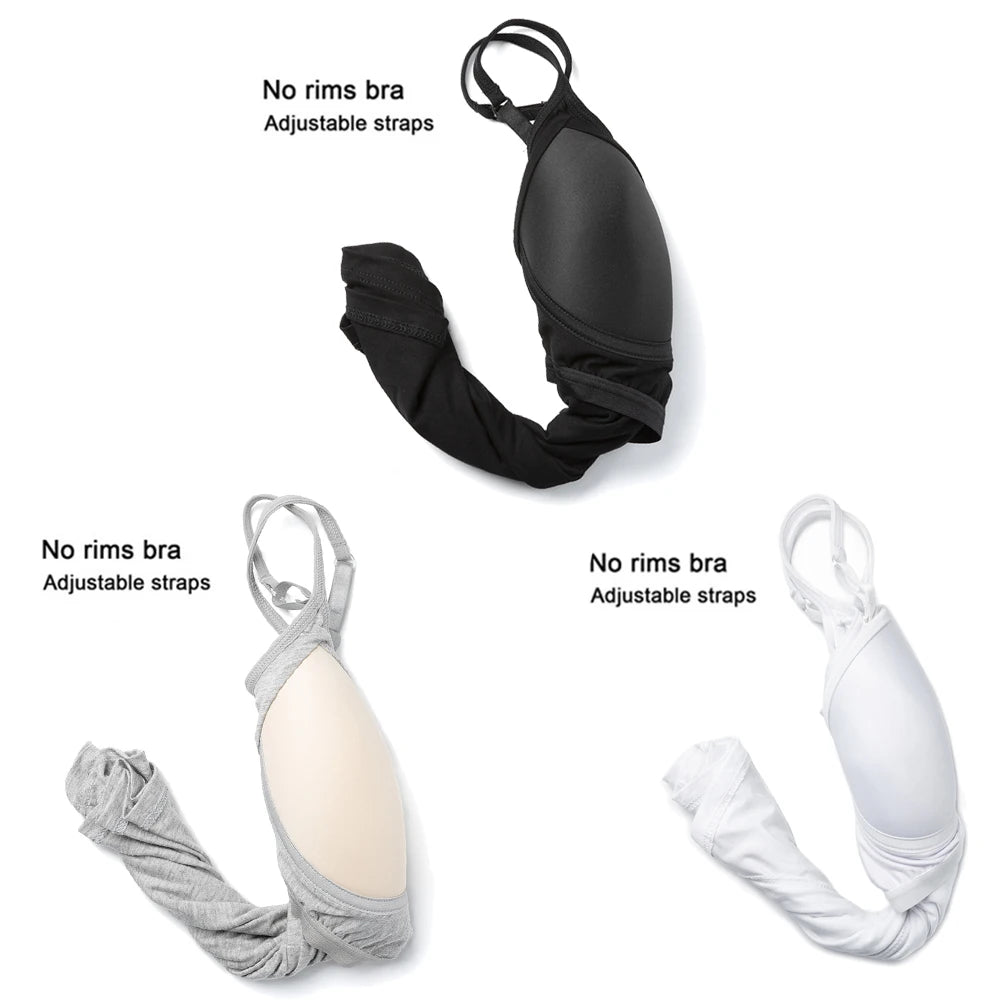 Three no rims bras in black, white, and gray with adjustable straps, showcasing soft and comfortable design.