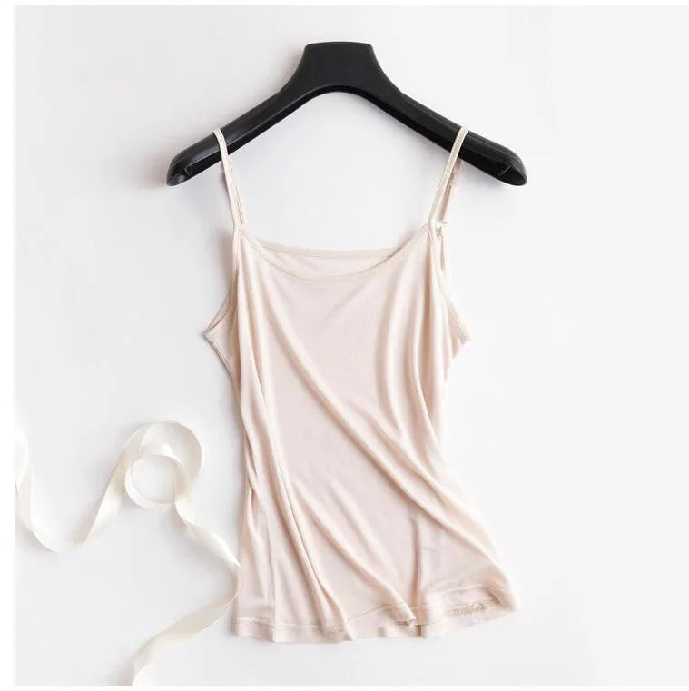 HalterSilk™ U-Neck Mulberry Silk cami in light beige on a hanger, perfect for summer wear, lightweight and stylish.