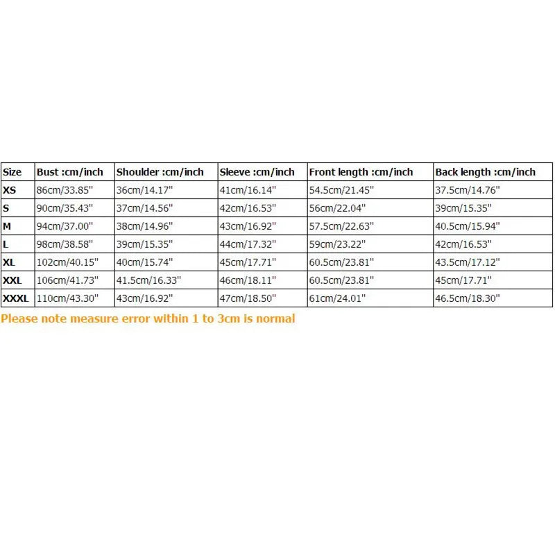 Size chart for RUORU DenimDrape™ short sleeve kimono shirt, including measurements for XS to XXXL.