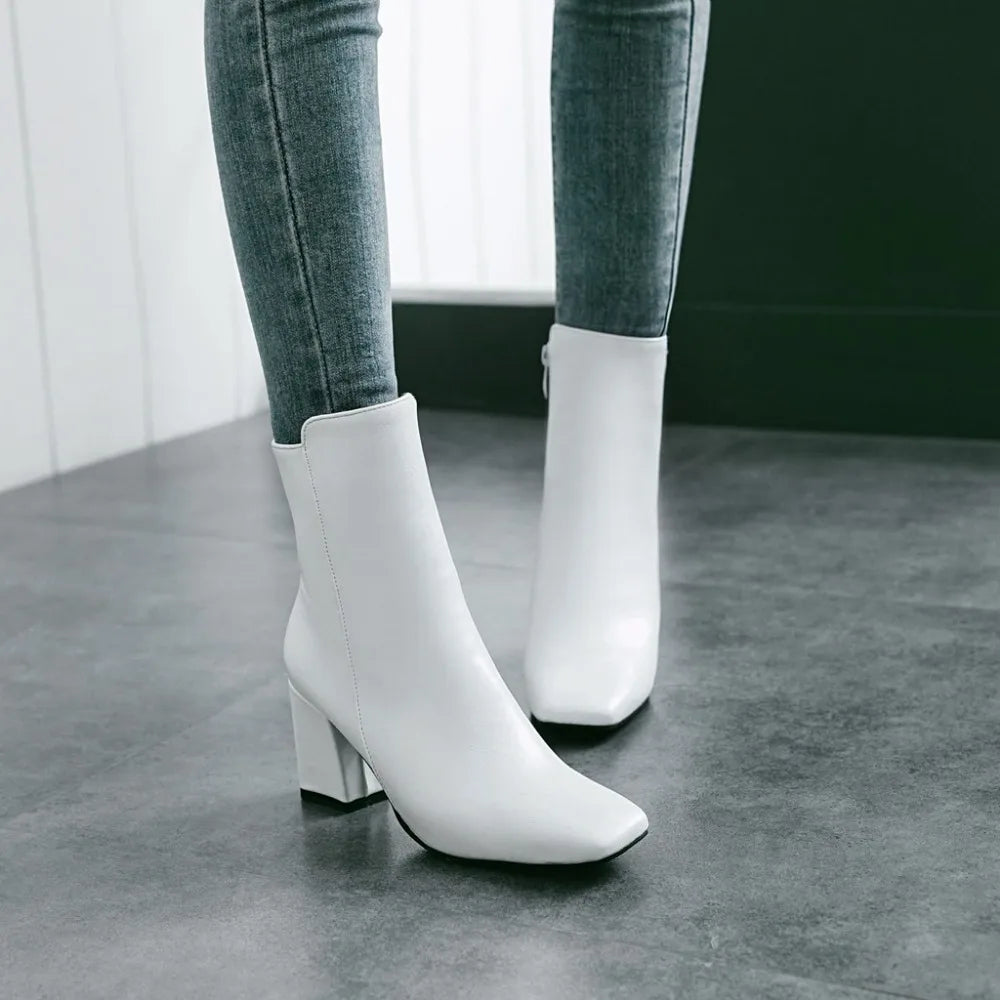 Women Side Zipper Mid-Heel Ankle Boots – Winter Casual Shoes