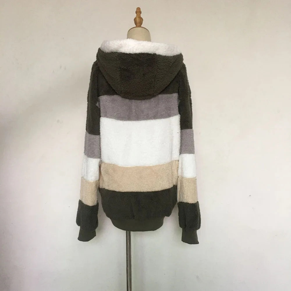 Warm Plush Patchwork Hooded Winter Coat