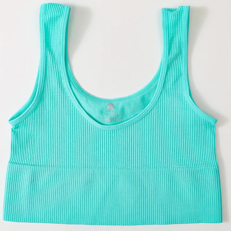 RibSculpt™ seamless ribbed camisole in teal, wireless design, ideal for fitness and summer wear.
