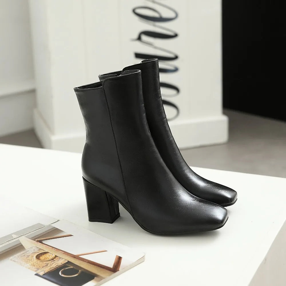 Women Side Zipper Mid-Heel Ankle Boots – Winter Casual Shoes