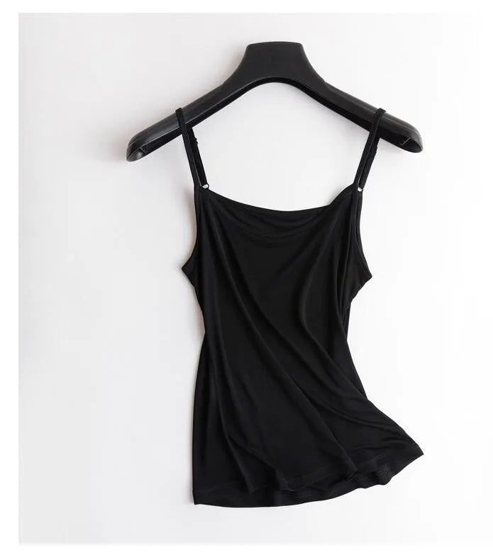 HalterSilk™ U-Neck Mulberry Silk Cami in black, lightweight summer wear for women, perfect for layering.