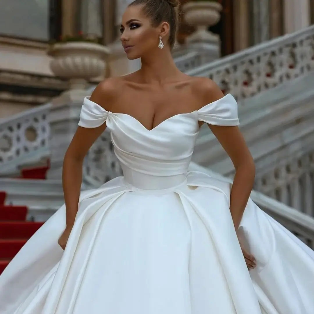 Women Off Shoulder Satin Wedding Dress Lace Up Back