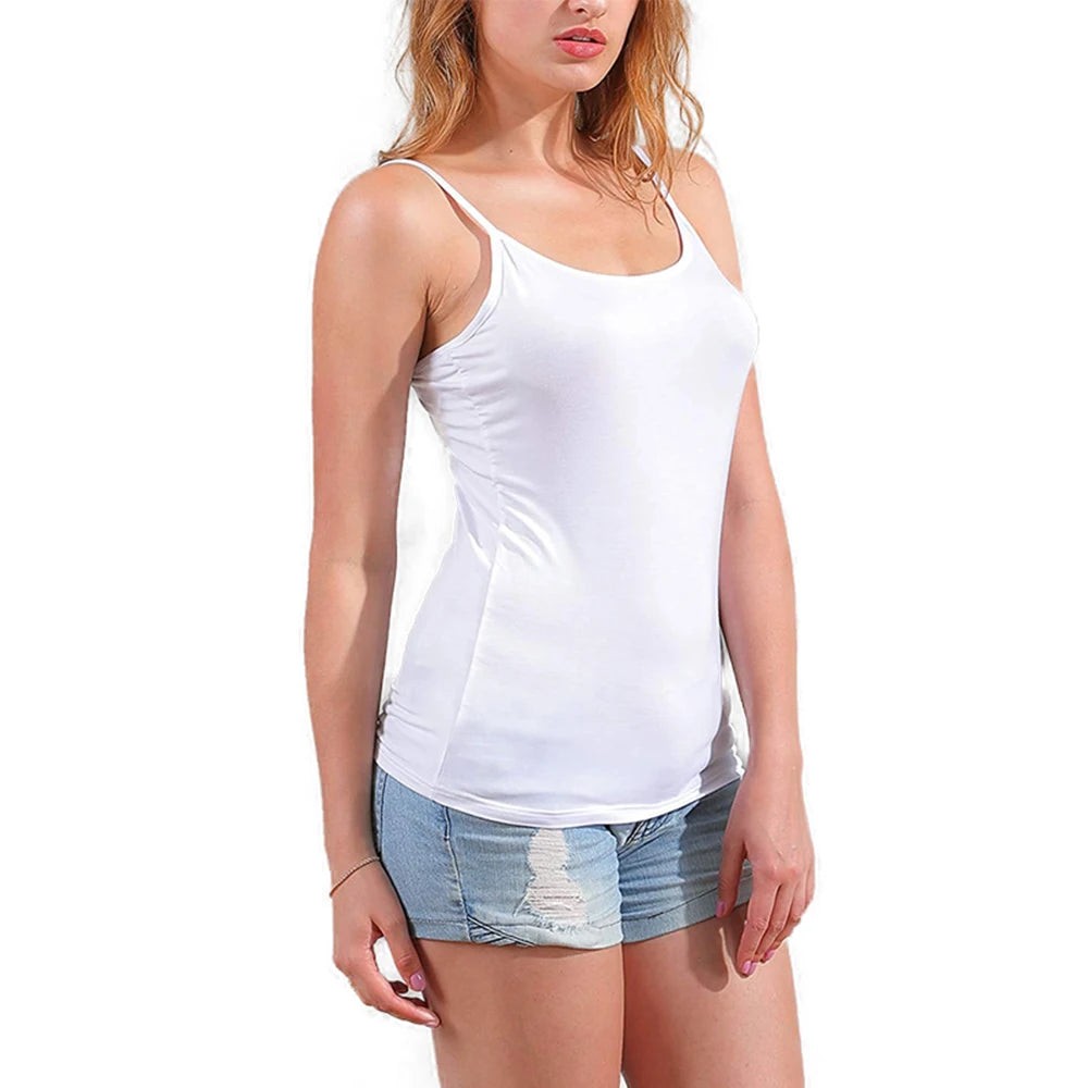 ShapeEase™ white camisole with adjustable straps and built-in shelf bra, perfect for comfort and style.