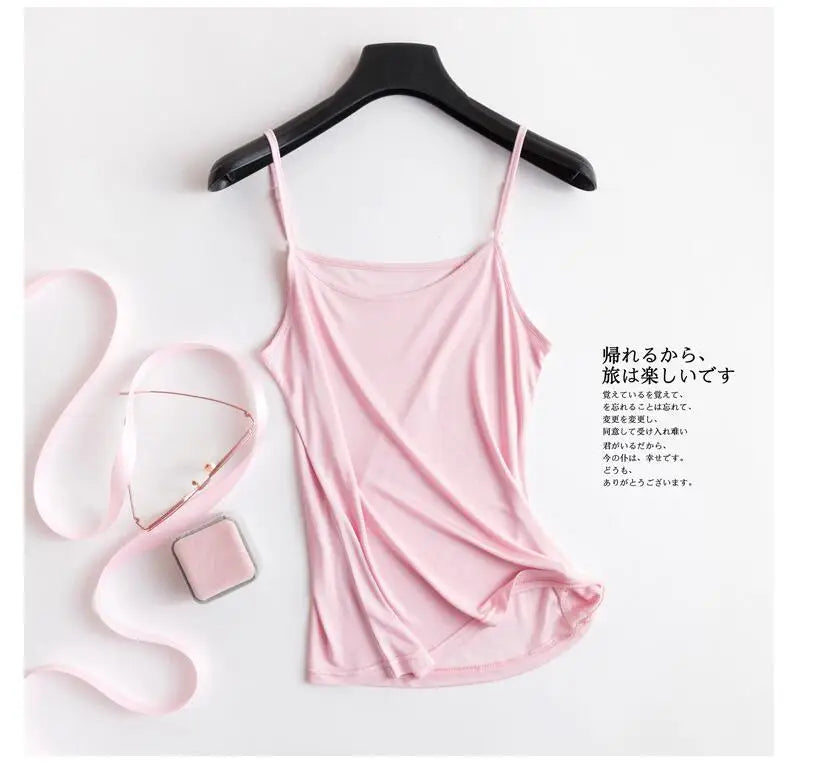 HalterSilk™ U-Neck Mulberry Silk Cami in soft pink, lightweight summer wear with solid straps and elegant drape.
