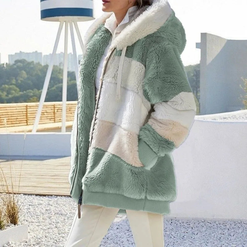 Warm Plush Patchwork Hooded Winter Coat