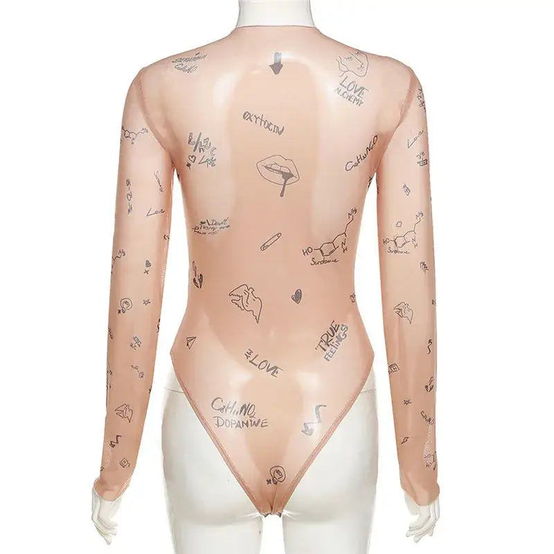Women Slim Long Sleeve Print Bodysuit
