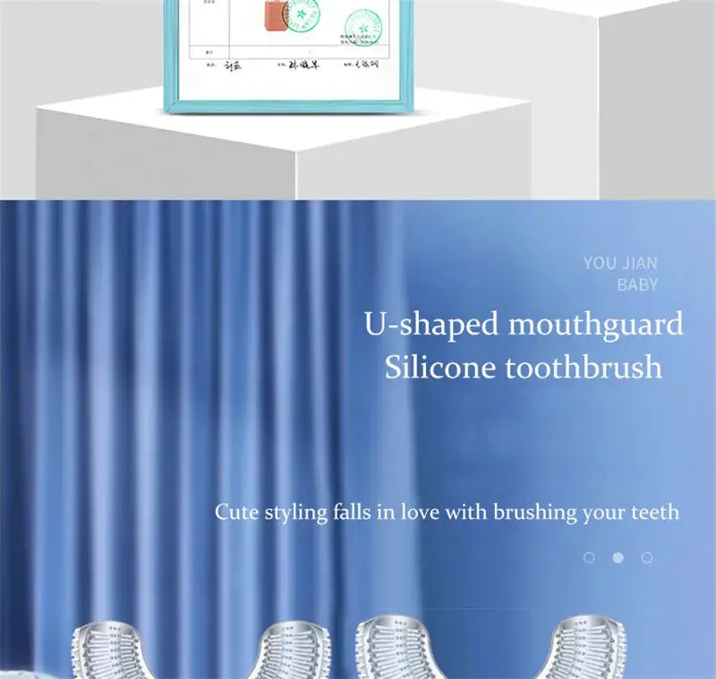 U-shaped silicone toothbrush with mouthguard, showcasing cute design for kids, perfect for baby oral care.