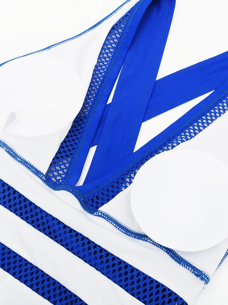 Women Mesh Patchwork Deep V One Piece Swimsuit