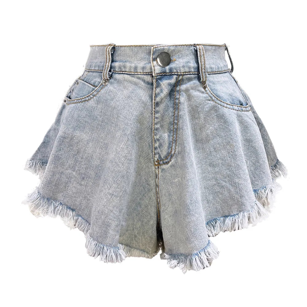 Women High Waist Loose Tassel Denim Shorts